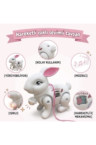 İpli Pilli Işıklı, Müzikli Ve Hareketli Sevimli Dans Eden Tavşan Oyuncak Hayvan Figürü Beyaz