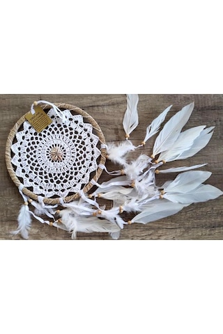 Hdmarketim Düş Kapanı Dreamcatcher Kuş Tüyü Duvar Süsü %100 Pamuk Elişi Beyaz