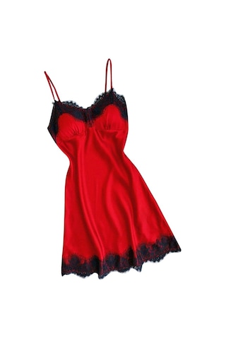 Dolıty Kadınlar Dantel Trim Saten Gecelik Lingerie Pijama Kırmızı+siyah Kırmızı-Siyah