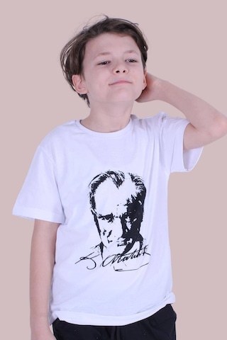 Panios Kids Atatürk Imzalı Ve Baskılı Unisex Çocuk Beyaz Tişört Beyaz