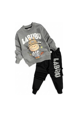 Labubu Desenli Erkek Çocuk Gri Renk Eşofman Takım Gri