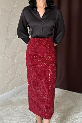 Bordo Pulpayetli Parlak Etek Bordo