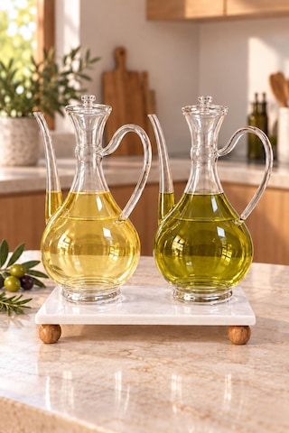 3 Parça Mermer Standlı Borosilikat Cam Yağlık Set - Sirkelik İbrik Model Yağdanlık Takımı Şeffaf