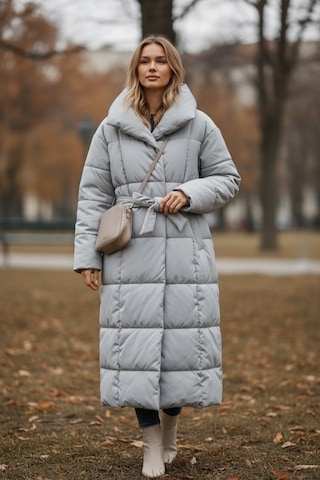 Feg Store Kadın Dik Yaka Kuşaklı Maxi Boy Gri Şişme Mont