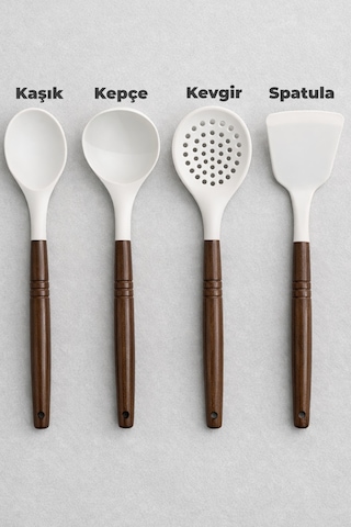 4 Parça Silikon Servis Seti - Akasya Saplı Kaşık, Kevgir, Kepçe Ve Spatula - Yanmaz Yapışmaz Beyaz