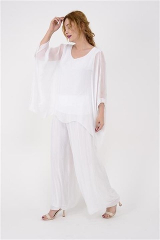 İtalyan Yarasa Kol İpek Bluz-8869 Beyaz