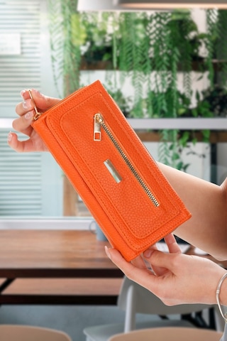 Kadın Turuncu Kağıt Para Ve Kartlık Bölmeli Turuncu Cüzdan Fermuar Detaylı Turuncu
