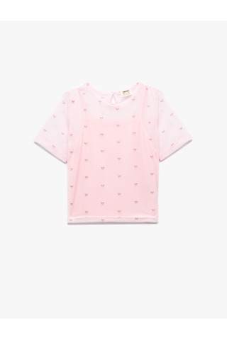 Koton Bisiklet Yaka Fiyonk Baskılı Kısa Kollu Crop Bluz Pembe Desenli 5skg60179ak Pembe Desenli