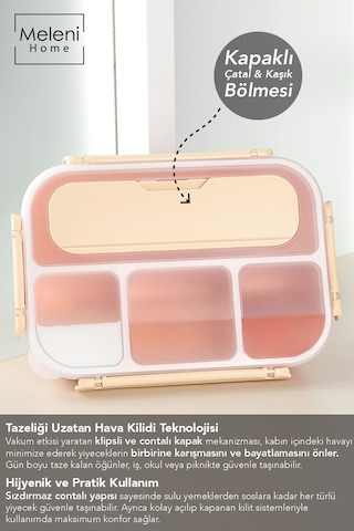 Sızdırmaz Contalı Yemek Kabı - 4 Bölmeli Çatal Kaşıklı Diyet Beslenme Kutusu Lunch Box Pembe Pembe