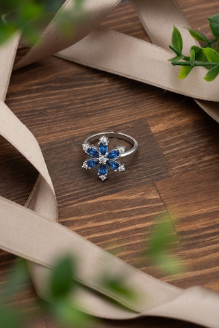 925 Ayar Safir Taşlı Rodyum Lotus Çiçeği Ayarlanabilir Gümüş Yüzük Rr10026 Gümüş