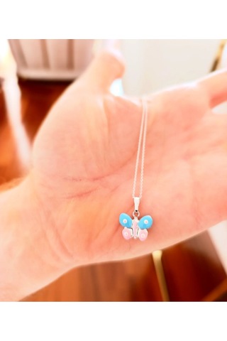 Oriental Kuyumculuk Jewellery Pembe Mineli Kelebek Gumus Kolye Pembe