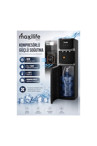 Maxilife PS-SLR-818 Aqua Kompresörlü Alttan Damacanalı Çocuk Kilitli Sıcak Soğuk Normal Su Sebili Siyah