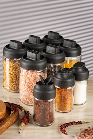 Vienev 3lü Tuzluk Baharatlık Ve 6lı Kendinden Kaşıklı Baharatlık Seti Siyah - Şeffaf