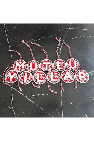 Büro Ev Partisi İçin 11harf Kırmızı Beyaz İpli Mutlu Yıllar Ahşap Yılbaşı Ağaç Süsü