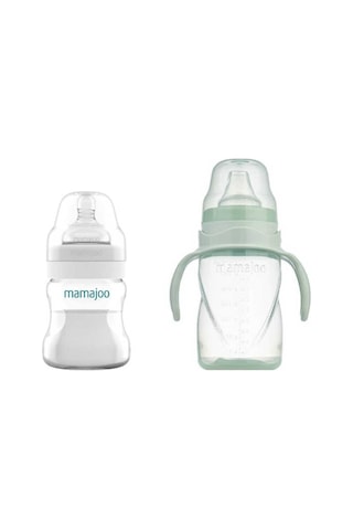 Mamajoo Antikolik Biberon 150 ml & Antikolik Akıtmaz Alıştırma Bardağı 270 ml – Powder Green