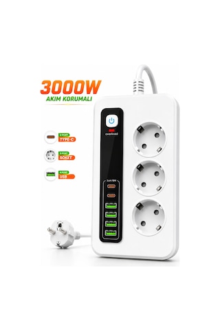 3000w Akıllı 3'lü Priz Usb' Li Uzatma Kablo - 4 Usb + 2 Type-c Hızlı Şarj 2 Mt Uzatma Kablo 2 - 5 M
