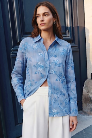Sateen Çizgi Ve Çiçek Desenli Gömlek - Mavi-137460