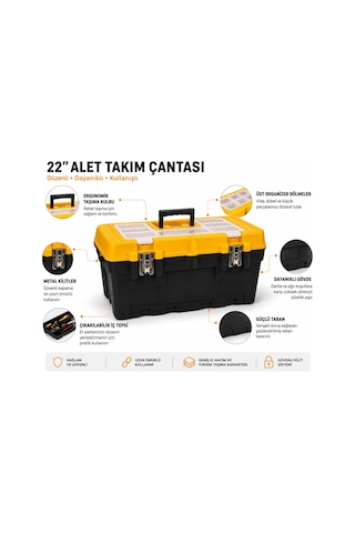 22 İnç Büyük Metal Kilitli Takım Çantası, Organizerli El Aleti Sandığı, Tornavida Pense Matkap Aksesuarı Düz Genel