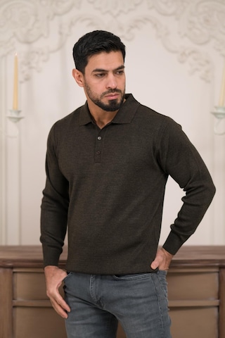 Woolen World Polo Yaka Düz Renk Yünlü Erkek Triko Kazak Kahverengi