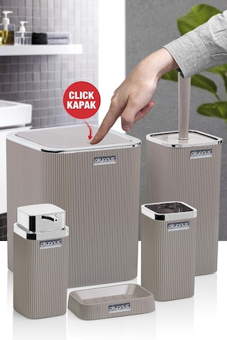 Okyanus Home Stella Vizon Kromlu Çizgili Kare 5'li Banyo Seti Vizon