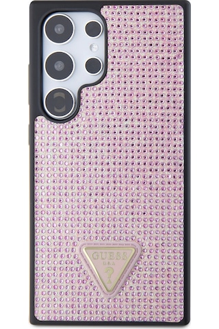 Galaxy S24 Ultra Uyumlu Kılıf Guess Lisanslı Taşlı Arka Yüzey Üçgen Logolu Kapak Pembe