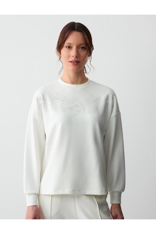 Jimmy Key Beyaz Bisiklet Yaka Uzun Kollu Çiçek Desenli Örme Sweatshirt 5sw232779100