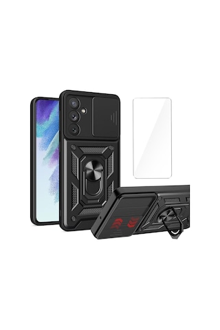 Teleplus Samsung Galaxy Uyumlu  A27 Kılıf Standlı Kamera Korumalı Slide Sürgülü Cover Kapak + Nano Ekran Koruycu Siyah