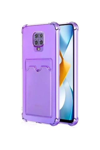 Xiaomi Redmi Note 9s Kılıf Kartlıklı Darbe Korumalı Silikon + Ekran Koruyucu lila