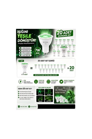 20 Adet Yeşil Işıklı 7w Led Spot Ampul Ekonomik Set ,bahçe, Mağaza Ve Vitrin Aydınlatma Çim Armatür Uyumlu Güçlü Tasarruflu Led Ampul