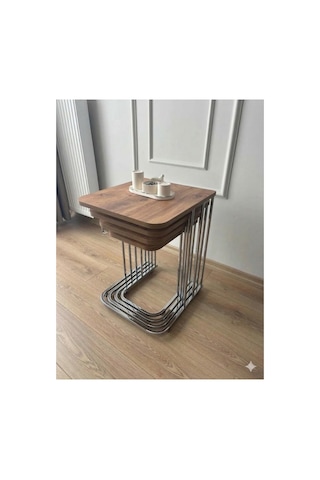 Renlife Zigon Sehpa Takımı 4'lü Metal Tekerlekli Mdf Modern Salon Oturma Odası Sehpası Krom Ceviz