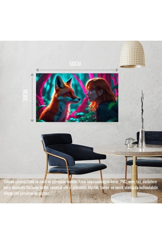 Tilki Neon Ormanda Bir İnsanla Etkileşim Mistik 01 Çerçevesiz 50x30 Cm Pvc Tablo