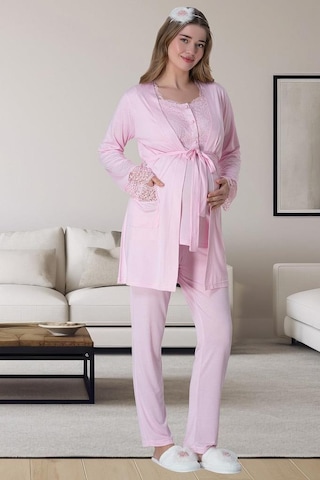 Mecit Pijama Mecit 6062 Pembe Sabahlıklı Gecelik Pijama Lohusa Set 001