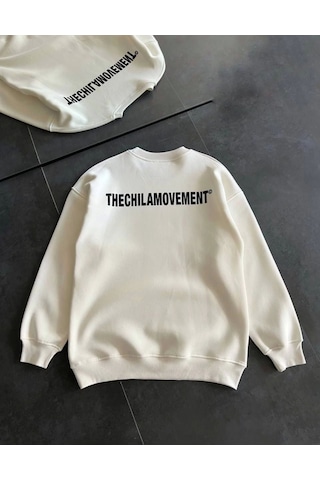 İkales Kışlık Bisiklet Yaka Oversize Baskılı Sweatshirt - Beyaz