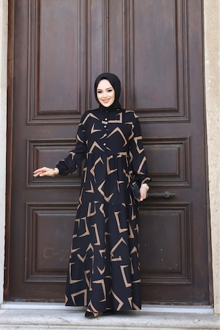 Hira Life Fashion Kadın Tesettür Mevsimlik Beli Kuşaklı Dokuma Viskon Elbise Siyah-vizon Siyah-vizon