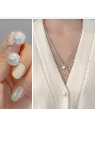 5 Adet Beyaz İncili Rozetli Yaka Ve Hırka Sabitleyici Pin Dikişsiz