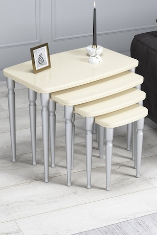 Imaj Mdf Ve Lake Boya, Krem 4lü Zigon Sehpa Takımı, Doğal Vernikli Gürgen Ayaklar Sehpalar Krem Ayaklar Gümüş