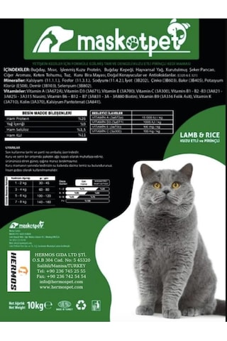 Maskot Kuzu Etli ve Pirinçli Yetişkin Kedi Maması 10 KG