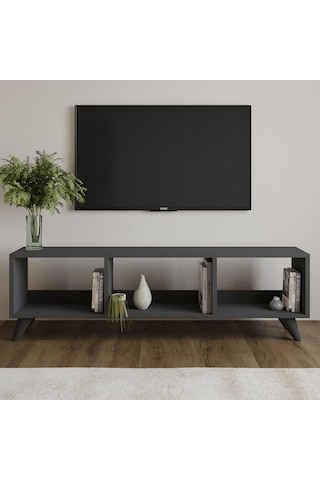 Tina Tv Sehpası 120 Cm Açık Meşe Renkli, Retro Tarz Ahşap Ayaklı Minimal Tv Sehpası Antrasit