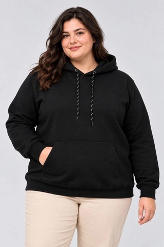 Moda Kadın Battal Büyük Beden Üç İplik İçi Şardonlu Kapüşonlu Kanguru Cepli Kışlık Sweatshirt - Siyah Çok Renkli
