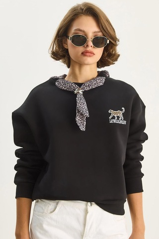 Shade Kadın Fular Detaylı Leopar Nakışlı Üç İplik Şardonlu Oversize Sweatshirt 6917 60283616 - Siyah