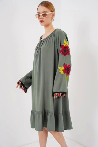 Nakışlı Midi Elbise 2531 - Haki Haki