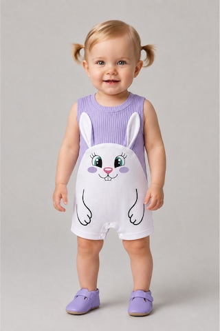 Babyden's Kız Bebek Tulum Yazlık %100 Pamuk Ribana Kolsuz Tavşan Baskılı Çıtçıtlı Bebek Tulumu 0-9 Ay Lila