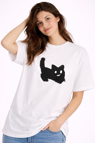 Nevermind Unisex Oversize Tişört Kedi Baskılı Minimal Tasarım Pamuk Beyaz