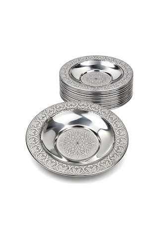 Binbir Trend 10 Cm Otantik Desenli Paslanmaz Çelik Çay Tabağı, Kırılmaz Metal Çay Bardağı Altlığı 6 Adet Gümüş