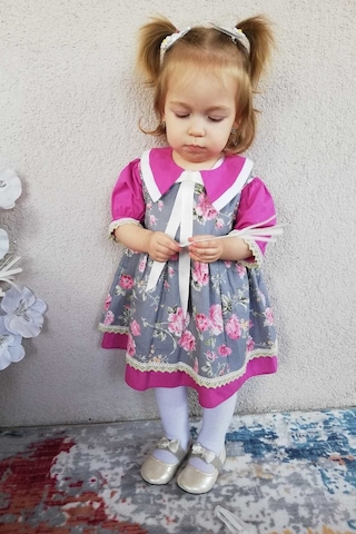 Kurdele Ve Dantel Detaylı Çiçek Desenli Menekşe Renk Kız Çocuk Bebek Elbise 001