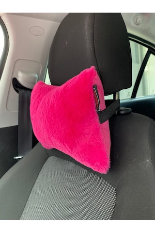 Yumuşak Tüylü Peluş Kürk Ortopedik Araba Seyahat Boyun Yastığı 2'li Fuşya Pembe