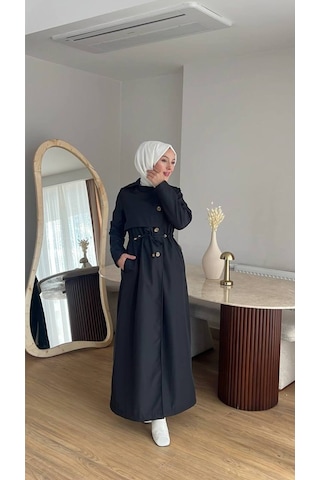 Esra Butik78 Kadın Düğmeli Trençkot Kendi Kumaşından Kemerli Model Siyah