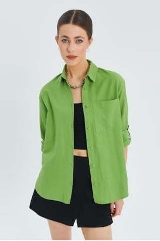Mixray 9942 Kadın Oxford Uzun Kol Basic Gömlek Fıstık Yeşili