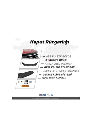 Fiat Doblo 2015-2022 Araca Özel Kaput Rüzgarlığı A+ Pianoblack 4mm Kalın