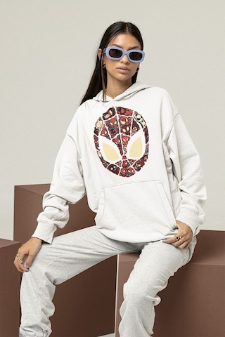 Sevbano Tasarım Spider-man Maske Baskılı Unisex Oversize Marvel Hoodie Beyaz